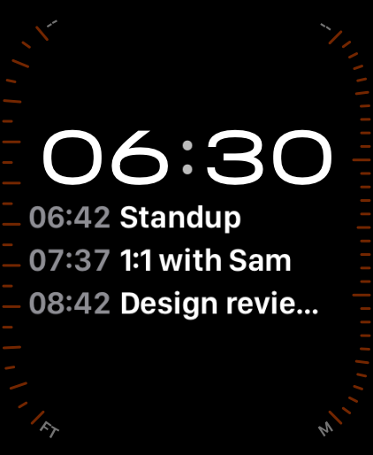 Three upcoming events displayed on an Apple Watch face